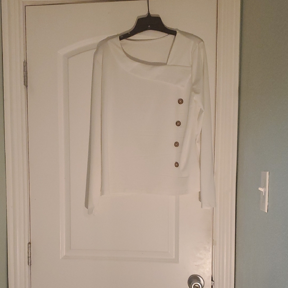 Asymmetrical White Long-Sleeve Blouse with Button Detail